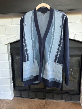 H by Halston Navy and Light Blue Abstract Open-Front Cardigan